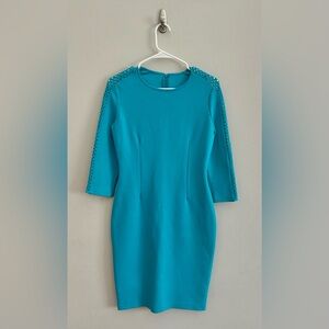 NWT St. John Sculpture Knit 3/4 Sleeve Dress In Lagoon Aqua Blue | Size 6